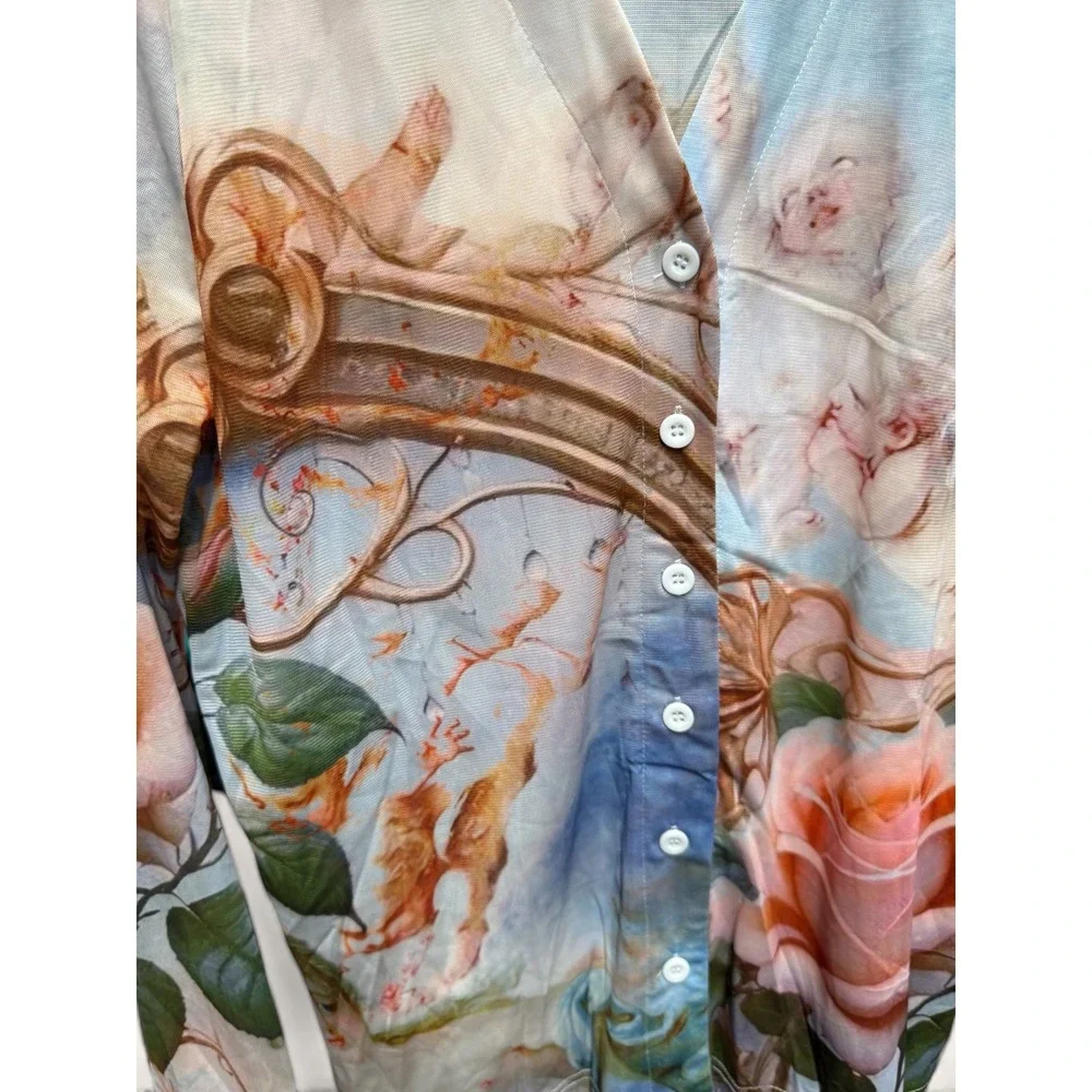 Endless Moon Cherub Floral Mesh Shirt and Pant Set Blue Pink Renaissance Medium